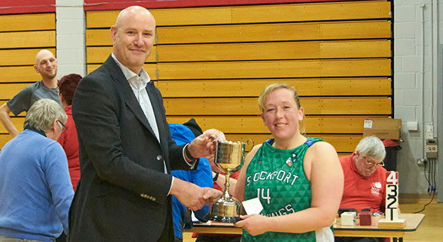 Karen Silikas collecting the cup on behalf of Stockport Lapwings